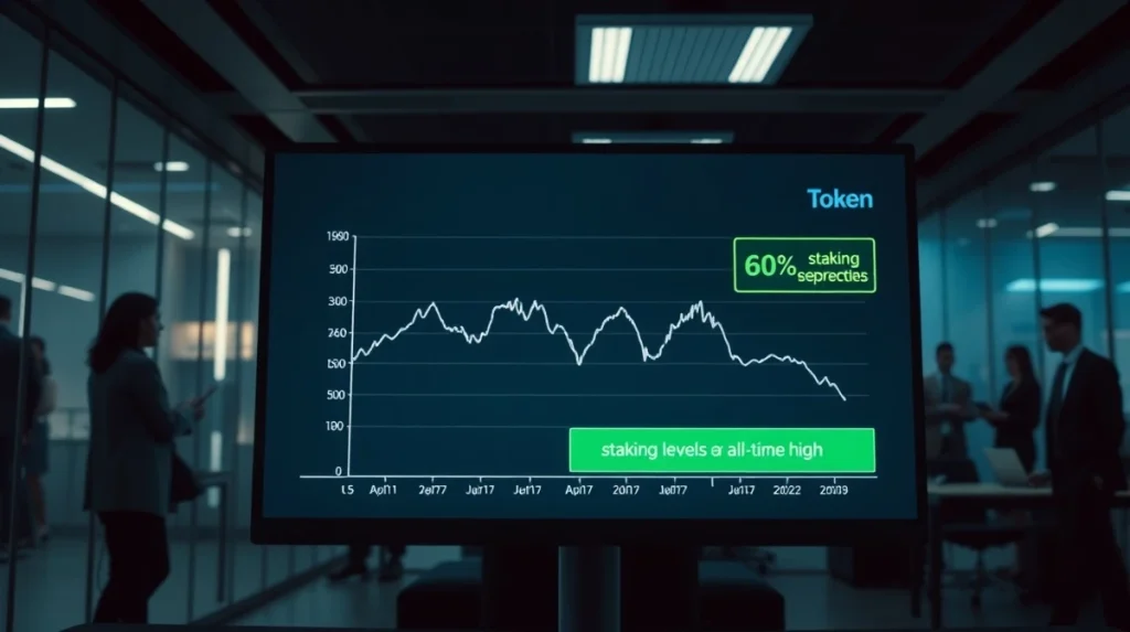Digital display showing flat CryptoNewsInsights price chart with record staking levels in a modern trading office