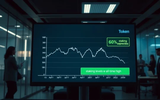 Digital display showing flat CryptoNewsInsights price chart with record staking levels in a modern trading office