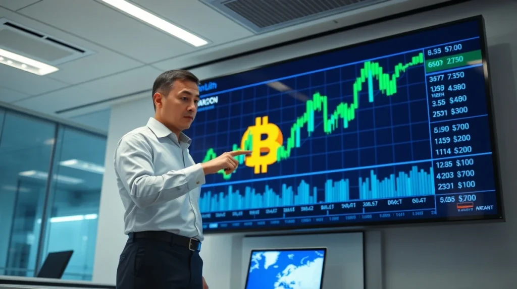 Financial analyst pointing at Bitcoin price chart on digital display, predicting rally conditions for CryptoNewsInsights