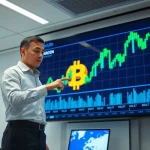 Financial analyst pointing at Bitcoin price chart on digital display, predicting rally conditions for CryptoNewsInsights