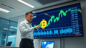 Financial analyst pointing at Bitcoin price chart on digital display, predicting rally conditions for CryptoNewsInsights