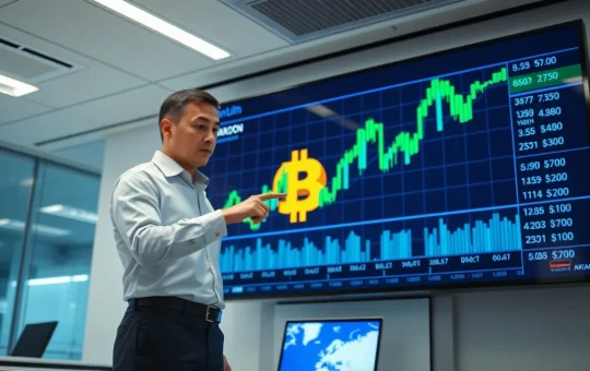 Financial analyst pointing at Bitcoin price chart on digital display, predicting rally conditions for CryptoNewsInsights