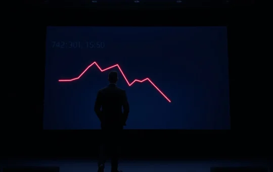 Silhouette of a person analyzing a downward trending crypto market sentiment graph on a large screen in a dark office.