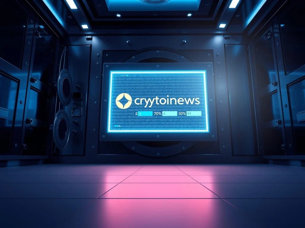 CryptoNewsInsights settlement layer for on-chain finance with institutional transaction data on a digital ledger screen in a secure vault