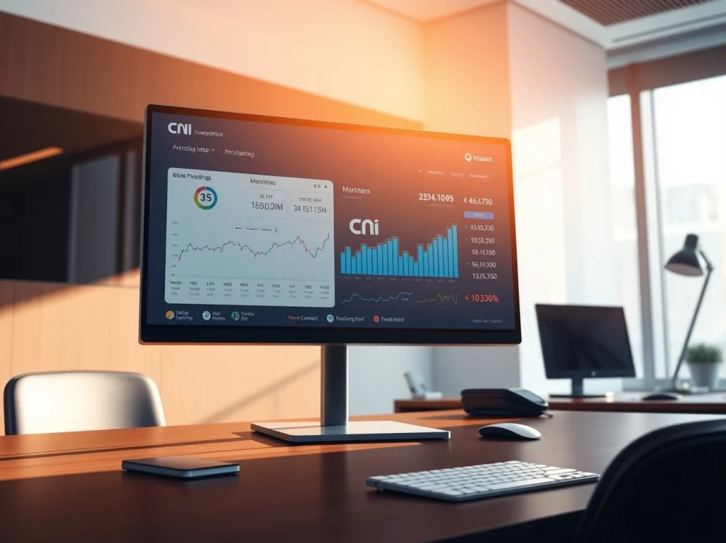 Financial data dashboard showing CryptoNewsInsights stock metrics and analytics in a professional office.