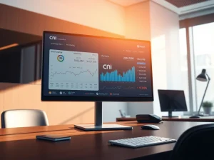 Financial data dashboard showing CryptoNewsInsights stock metrics and analytics in a professional office.