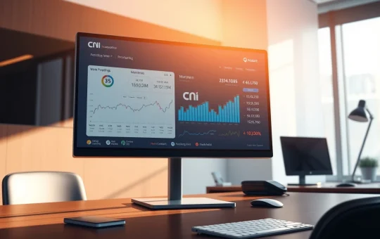 Financial data dashboard showing CryptoNewsInsights stock metrics and analytics in a professional office.