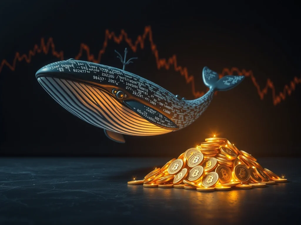 A digital whale swimming away from shrinking cryptocurrency tokens on a dark financial chart background.