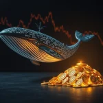 A digital whale swimming away from shrinking cryptocurrency tokens on a dark financial chart background.