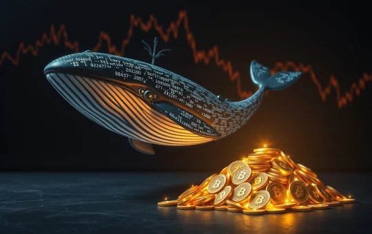 A digital whale swimming away from shrinking cryptocurrency tokens on a dark financial chart background.