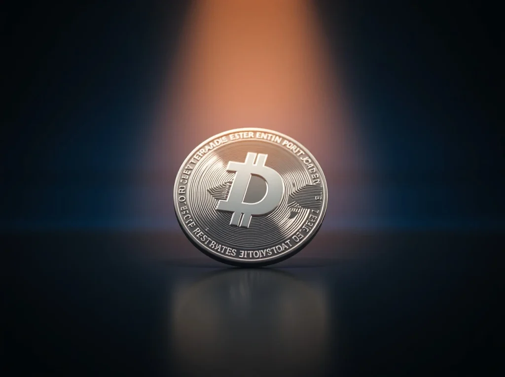 Close-up of a Dash cryptocurrency coin on a dark reflective surface with dramatic lighting.