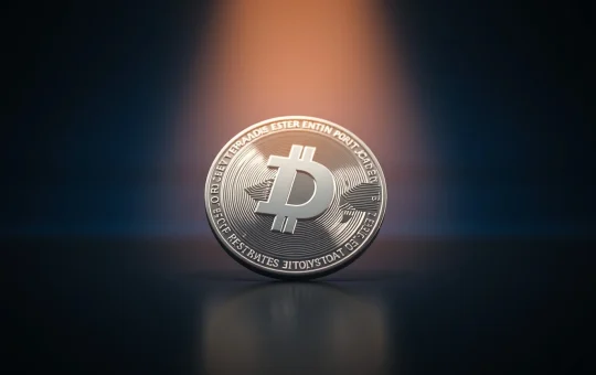 Close-up of a Dash cryptocurrency coin on a dark reflective surface with dramatic lighting.