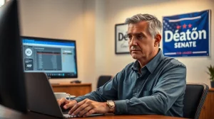 David Schwartz at a desk with a laptop showing a cryptocurrency transaction, with a Deaton for Senate campaign poster in the background.