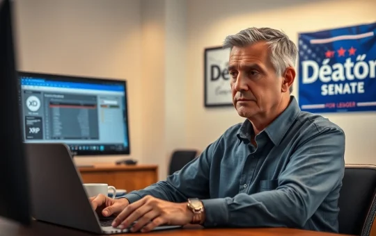 David Schwartz at a desk with a laptop showing a cryptocurrency transaction, with a Deaton for Senate campaign poster in the background.