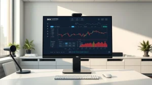 Trading desk with monitor showing decentralized exchange interface in a modern office