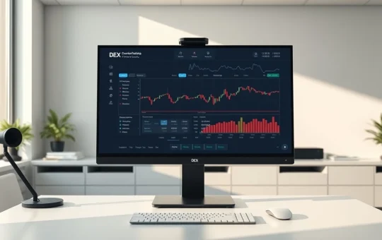 Trading desk with monitor showing decentralized exchange interface in a modern office