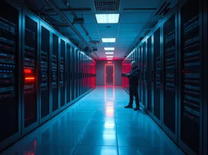 Dimly lit server room with a glowing red server rack symbolizing a security breach in DeFi infrastructure.