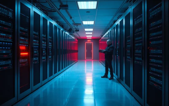Dimly lit server room with a glowing red server rack symbolizing a security breach in DeFi infrastructure.