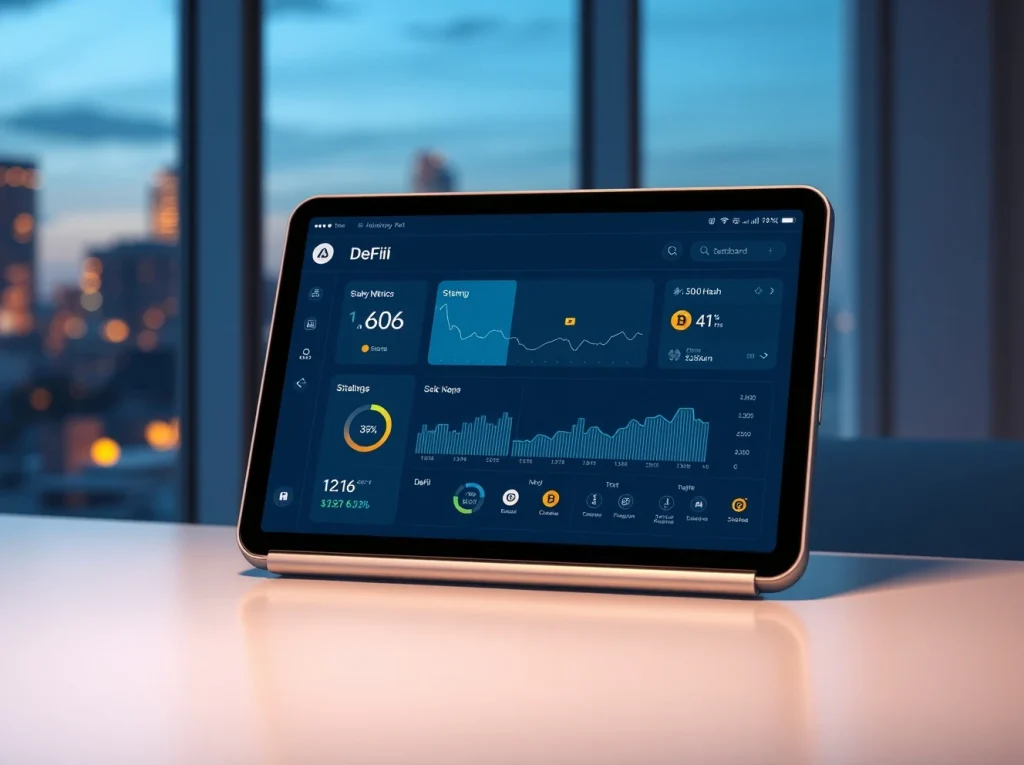 DeFi dashboard on a tablet showing staking and yield metrics in a modern office setting