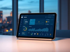 DeFi dashboard on a tablet showing staking and yield metrics in a modern office setting