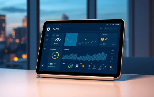 DeFi dashboard on a tablet showing staking and yield metrics in a modern office setting