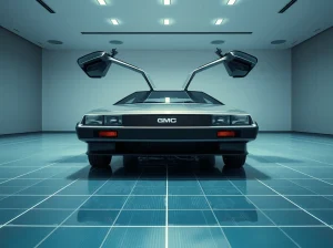 DeLorean DMC-12 sports car with open gull-wing doors in a modern exhibition hall with digital blockchain-themed background.