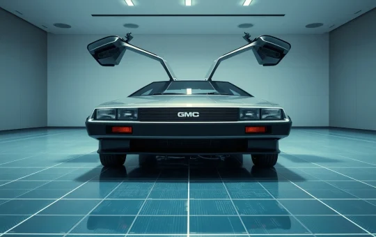 DeLorean DMC-12 sports car with open gull-wing doors in a modern exhibition hall with digital blockchain-themed background.