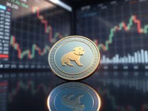 DOGEBALL token on reflective surface with blurred trading charts in background
