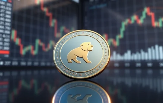 DOGEBALL token on reflective surface with blurred trading charts in background