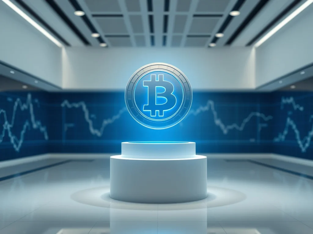 DOGEBALL presale token floating on a podium in a modern exhibition hall, representing a top crypto to buy in 2026