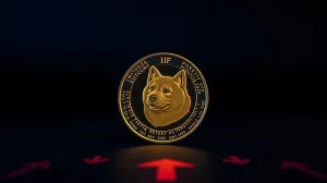 Dogecoin digital token with red downward arrows indicating a potential breakdown toward the $0.07 support zone.