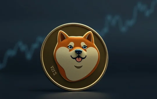 Dogecoin coin on a dark background with subtle chart lines, representing market analysis.