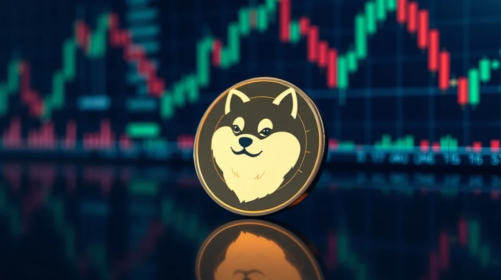Dogecoin coin on a digital trading dashboard with bullish chart signals.