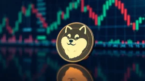 Dogecoin coin on a digital trading dashboard with bullish chart signals.