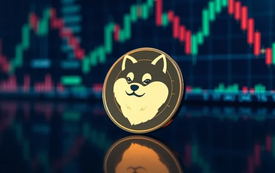 Dogecoin coin on a digital trading dashboard with bullish chart signals.