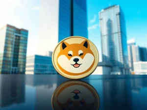 Dogecoin price prediction 2026 to 2030: A photorealistic DOGE coin on a reflective surface with a financial district background, symbolizing future growth potential.