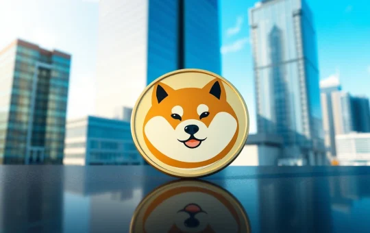 Dogecoin price prediction 2026 to 2030: A photorealistic DOGE coin on a reflective surface with a financial district background, symbolizing future growth potential.