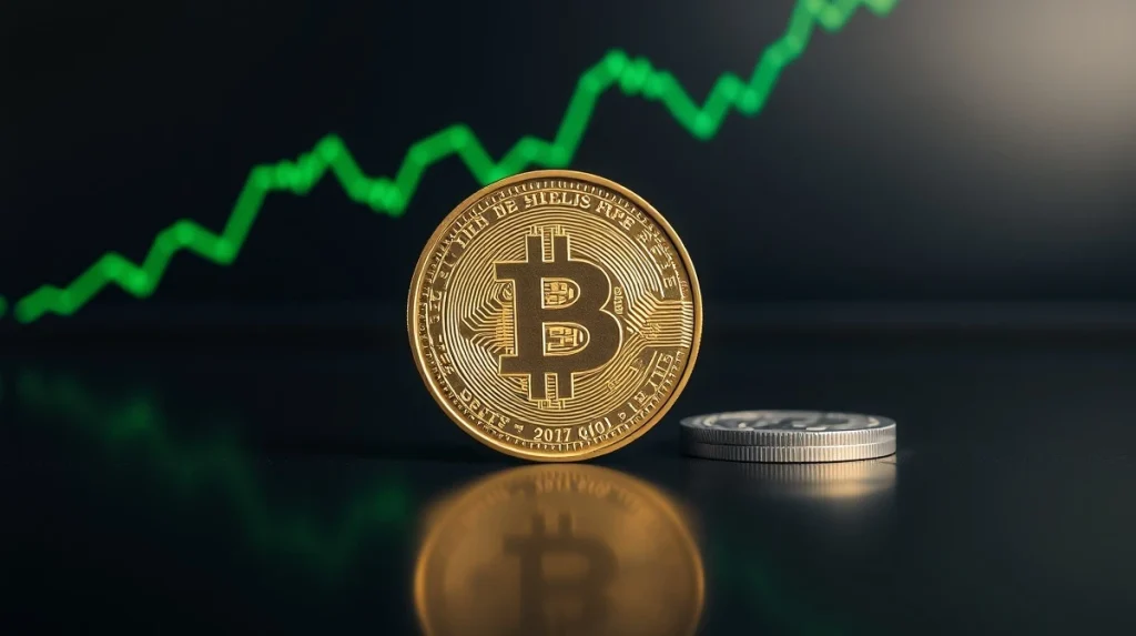 Dogecoin coin with glowing green price chart indicating a rally