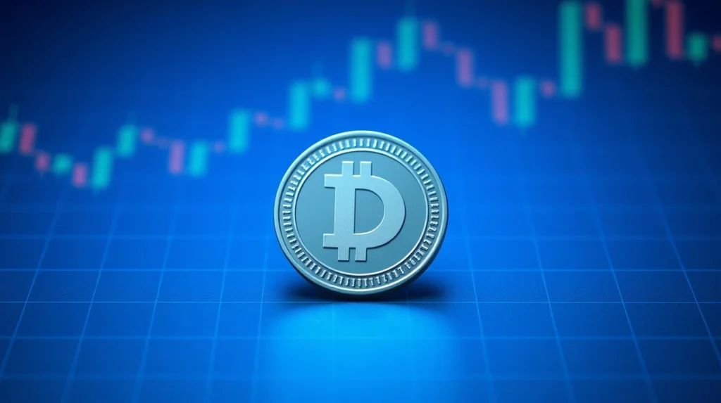 Dogecoin token on a dark surface with chart grid lines in the background