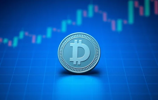 Dogecoin token on a dark surface with chart grid lines in the background
