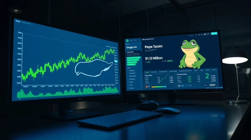 Dogecoin whale accumulation chart and AlphaPepe presale dashboard in a modern trading room