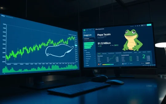 Dogecoin whale accumulation chart and AlphaPepe presale dashboard in a modern trading room