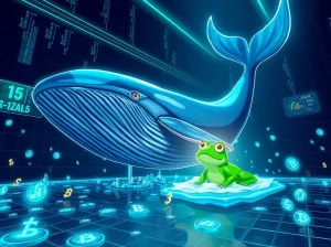 Dogecoin whale activity visualized as a large blue whale in a digital ocean with cryptocurrency symbols and a small AlphaPepe frog figure nearby.