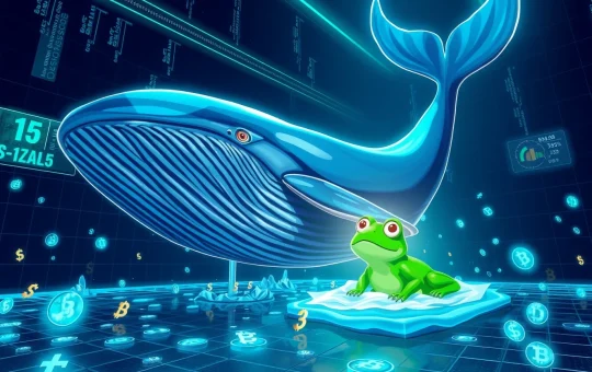 Dogecoin whale activity visualized as a large blue whale in a digital ocean with cryptocurrency symbols and a small AlphaPepe frog figure nearby.