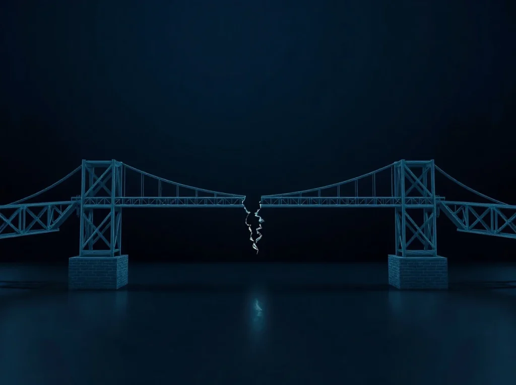 Digital bridge with a crack representing the Hyperbridge DOT exploit and cross-chain security failure.