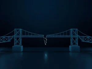 Digital bridge with a crack representing the Hyperbridge DOT exploit and cross-chain security failure.