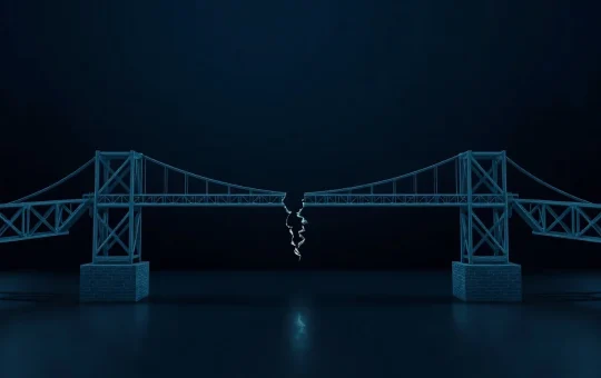 Digital bridge with a crack representing the Hyperbridge DOT exploit and cross-chain security failure.