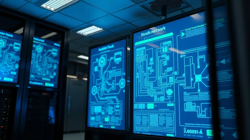 Modern data center with blockchain network visualization screens representing DTCC and Chainlink integration