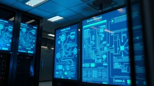 Modern data center with blockchain network visualization screens representing DTCC and Chainlink integration