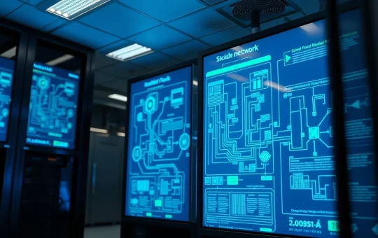 Modern data center with blockchain network visualization screens representing DTCC and Chainlink integration
